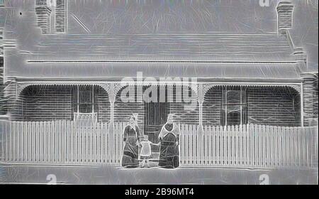 Negative - North Melbourne, Victoria, circa 1885, Two women and a small child stand in front of their brick house. This house has a verandah decorated with iron lacework and brick chimneys. A picket fence runs along the front of their property., Reimagined by Gibon, design of warm cheerful glowing of brightness and light rays radiance. Classic art reinvented with a modern twist. Photography inspired by futurism, embracing dynamic energy of modern technology, movement, speed and revolutionize culture. Stock Photo