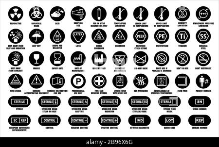 Full set of medical device packaging symbols with warning information. Medicine package black round icons isolated on white. International standards I Stock Vector