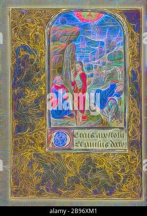 Christ Appearing to Saint Peter, The Conversion of Saint Paul, Lieven van Lathem (Flemish, about 1430 - 1493), Ghent (written), Belgium, 1469, Tempera colors, gold leaf, gold paint, silver paint, and ink on parchment, Leaf: 12.4 × 9.2 cm (4 7/8 × 3 5/8 in.), Reimagined by Gibon, design of warm cheerful glowing of brightness and light rays radiance. Classic art reinvented with a modern twist. Photography inspired by futurism, embracing dynamic energy of modern technology, movement, speed and revolutionize culture. Stock Photo