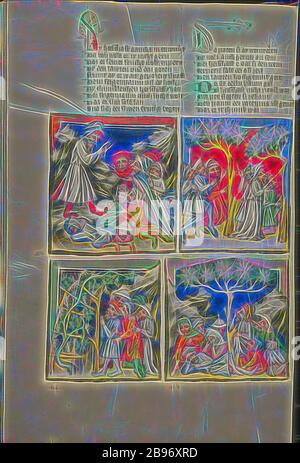 Abimelech Gathering Support, Jotham's Comparison, The Trees Choosing a King, Troops Laying Down under the Trees, Unknown, Regensburg, Bavaria, Germany, about 1400 - 1410, Tempera colors, gold, silver paint, and ink on parchment, Leaf: 33.5 x 23.5 cm (13 3/16 x 9 1/4 in.), Reimagined by Gibon, design of warm cheerful glowing of brightness and light rays radiance. Classic art reinvented with a modern twist. Photography inspired by futurism, embracing dynamic energy of modern technology, movement, speed and revolutionize culture. Stock Photo