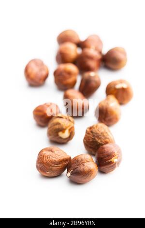 Peeled hazelnuts isolated on white backround. Stock Photo