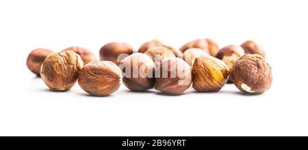 Peeled hazelnuts isolated on white backround. Stock Photo