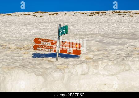 Mount Rigi or Mt Rigi Kulm covered in snow in winter where cogwheel train runs in Switzerland Europe Stock Photo