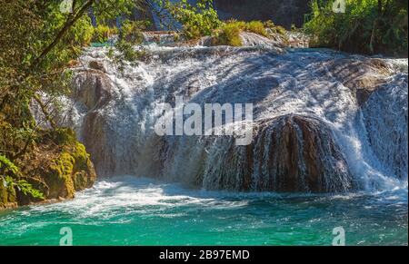 Close up of a cascade of the Agua Azul waterfalls in the rainforest of Chiapas, Palenque, Mexico. Stock Photo