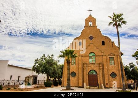 Old Style Brick Church With Stained Glass Windows Stock Photo