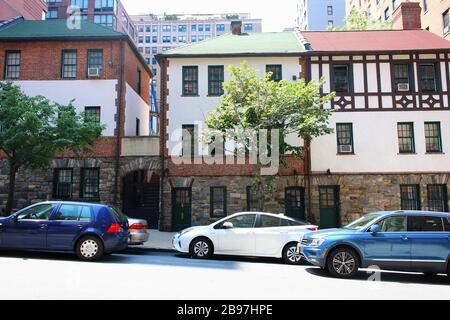 Pomander Walk is a cooperative apartment complex located on the Upper West Side, Manhattan on JULY 25th, 2019 in New York, USA. (Photo by Wojciech Mig Stock Photo