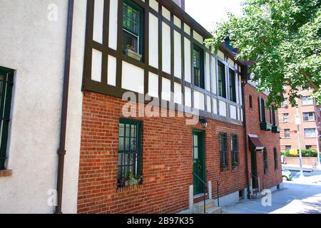 Pomander Walk is a cooperative apartment complex located on the Upper West Side, Manhattan on JULY 25th, 2019 in New York, USA. (Photo by Wojciech Mig Stock Photo