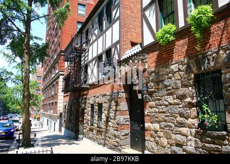 Pomander Walk is a cooperative apartment complex located on the Upper West Side, Manhattan on JULY 25th, 2019 in New York, USA. (Photo by Wojciech Mig Stock Photo