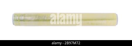 Roll of cling film isolated on white background. Stretch polymer film made from polyvinyl chloride or polyethylene. Wrapping material for food storage Stock Photo