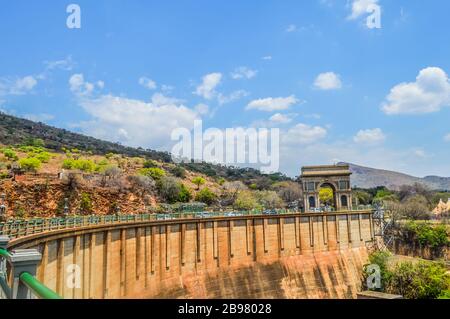 Hartbeespoort Dam Arch entrance with Crest gates monument on the flood dam in North west province Soyth Africa Stock Photo