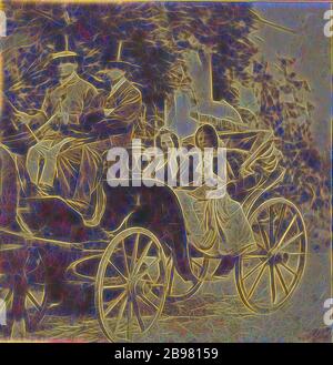 Two women in a horse-drawn carriage with two men drivers wearing top hats, LeBas (French, active 1850s - 1860s), about 1858, Albumen silver print, Reimagined by Gibon, design of warm cheerful glowing of brightness and light rays radiance. Classic art reinvented with a modern twist. Photography inspired by futurism, embracing dynamic energy of modern technology, movement, speed and revolutionize culture. Stock Photo