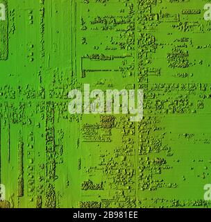 DEM - digital elevation model. Product made after proccesing pictures taken from a drone. It shows village with houses Stock Photo