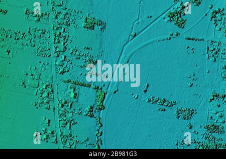 DEM - digital elevation model. Product made after proccesing pictures taken from a drone. It shows village with houses Stock Photo