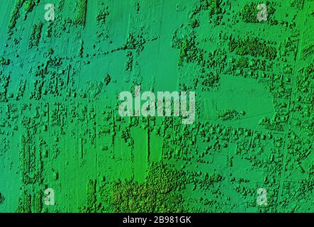 DEM - digital elevation model. Product made after proccesing pictures taken from a drone. It shows village with houses Stock Photo