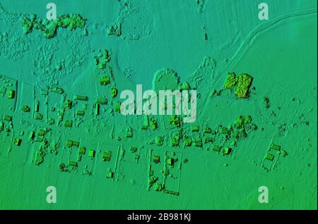 DEM - digital elevation model. Product made after proccesing pictures taken from a drone. It shows village with houses Stock Photo