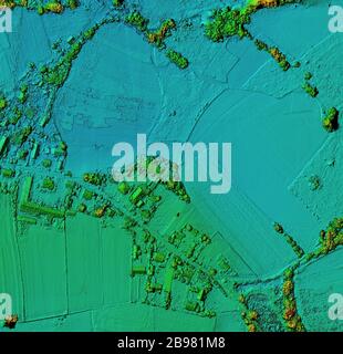 DEM - digital elevation model. Product made after proccesing pictures taken from a drone. It shows village with houses Stock Photo