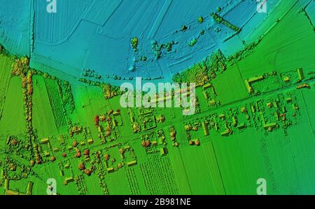 DEM - digital elevation model. Product made after proccesing pictures taken from a drone. It shows village with houses Stock Photo