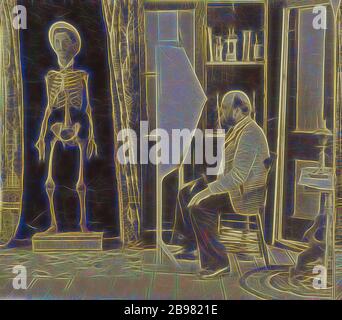 Bald, bearded man seated gazing at a human skeleton with a superimposed man's head wearing a straw hat, Unknown, about 1865, Albumen silver print, Reimagined by Gibon, design of warm cheerful glowing of brightness and light rays radiance. Classic art reinvented with a modern twist. Photography inspired by futurism, embracing dynamic energy of modern technology, movement, speed and revolutionize culture. Stock Photo