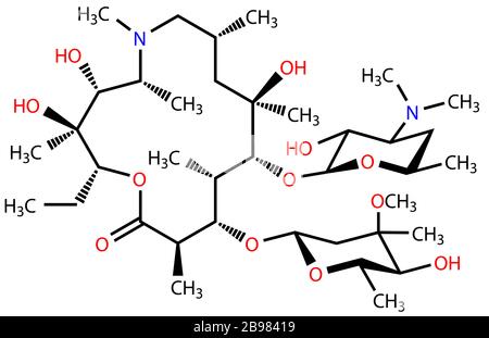 Structural formula of Azithromycin, a perspective treatment of the COVID-19 coronavirus pneumonia Stock Photo