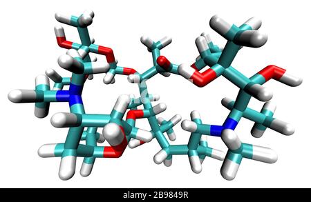 3D structure of Azithromycin, a perspective treatment of the COVID-19 coronavirus pneumonia Stock Photo