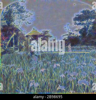Tokyo, Japan. In the Gorgeous Fields of Iris (recto), Native Tifflin House, Isl. of Java (verso), Unknown, about 1900, Color halftone print, Reimagined by Gibon, design of warm cheerful glowing of brightness and light rays radiance. Classic art reinvented with a modern twist. Photography inspired by futurism, embracing dynamic energy of modern technology, movement, speed and revolutionize culture. Stock Photo