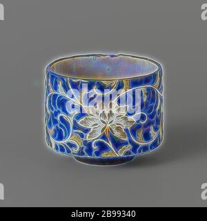 Tea bowl with floral scrolls, Stoneware tea bowl covered with a cream-colored glaze, blue enamel and painted in red, green and white. The lower part of the bowl is unglazed. The inside of the bowl is covered with a cream-colored glaze. The outside with lotus vines saved in a background of blue enamel. The lower part of the outer wall with a band with blue dots. Marked on the bottom with an unidentified, depressed three-character mark. Two chips in the edge. Kyo Gyuzan., anonymous, Japan, c. 1820 - c. 1850, Edo-period (1600-1868), stoneware, glaze, vitrification, h 7.2 cm d 8.9 cm d 4.7 cm, Rei Stock Photo