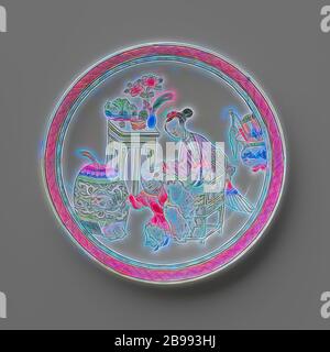 Saucer with a Chinese lady, boy and rabbit, Porcelain dish, painted on the glaze in blue, red, pink, green, yellow, purple, black and gold. On the plate of the dish a Chinese lady on a chair with next to her a boy with a rabbit in front of him, they are surrounded by lucky objects such as a dragon vase, coral and peacock feather vase, flower vase, fruit basket, incense burner and a vase with scrolls, the inner edge with a decorative band with napkin work. Dish has been broken. Famille rose., anonymous, China, c. 1725 - c. 1749, Qing-dynasty (1644-1912) / Yongzheng-period (1723-1735) / Qing-dyn Stock Photo