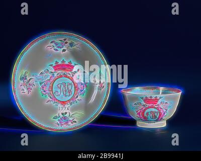 Saucer with a crowned monogram and flower sprays, Dish of porcelain, painted on the glaze in blue, red, pink, green, purple, black and gold. On the shelf a crowned monogram 'S.C.W.' flanked by angels with a trumpet. Under the monogram the date '1776'. Four flower branches on the wall. The inner edge with a decorative band. Old label on the bottom with 'S.C.W. (British Museum) '. Weapon porcelain with enamel colors., anonymous, China, 1776, Qing-dynasty (1644-1912) / Qianlong-period (1736-1795), porcelain (material), glaze, gold (metal), vitrification, h 2.7 cm d 12 cm d 7.3 cm, Reimagined by G Stock Photo