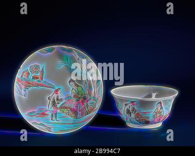 Bell-shaped cup with a seated lady and a man smoking a pipe, Bell-shaped porcelain cup painted on the glaze in red, pink, green, yellow, brown and black. On the outside a continuous scene of a woman sitting on a rock with a pipe man in front of her in a river landscape with trees, a tower and a house on the other side of the river. European representation in enamel colors., anonymous, China, c. 1750 - c. 1774, Qing-dynasty (1644-1912) / Qianlong-period (1736-1795), porcelain (material), glaze, vitrification, h 6 cm d 11.9 cm d 6.3 cm, Reimagined by Gibon, design of warm cheerful glowing of bri Stock Photo