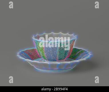 Bell-shaped cup and saucer with a putto holding a lotus branch, Bell-shaped porcelain cup and saucer with ribbed wall and scalloped edge, painted on the glaze in blue, red, pink, green, purple, black and gold. On the plate of the dish a medallion with a winged putto with a lotus branch in his hand, the wall is divided into eight compartments, each with a different pattern against alternating blue, purple or pink grounds, the boxes are separated by a gold band. Famille rose., anonymous, China, c. 1725 - c. 1749, Qing-dynasty (1644-1912) / Yongzheng-period (1723-1735) / Qianlong-period (1736-179 Stock Photo