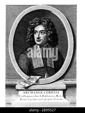 1710 c, ITALY : The italian music composer ARCANGELO CORELLI ( 1653 - 1713 ). Portrait from H. Howard , engraved by Mathey, 1786 . - MUSICA CLASSICA BAROCCA - BAROCCO - BAROQUE - CLASSICAL - COMPOSITORE - portrait - ritratto - MUSICISTA - MUSICA - engraving - incisione - illustration - illustrazione ---- Archivio GBB