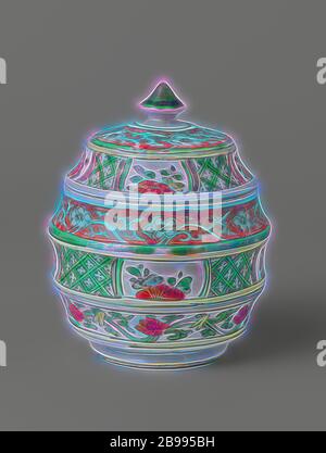 Barrel-shaped covered jar with flower scrolls and geometric patterns, Barrel-shaped porcelain pot made up of three concave layers one above the other, painted on the glaze in red, green, yellow, eggplant and black with floral scrolls and geometric motifs. Each layer has a different decoration: the lower one is filled with lotus vines, the middle one with geometric motifs interrupted by cartouches with a flower branch, the upper one with flower vines saved in a red soil, curl work has been applied around the foot. Famille verte., anonymous, China, c. 1700 - c. 1724, Qing-dynasty (1644-1912) / K Stock Photo