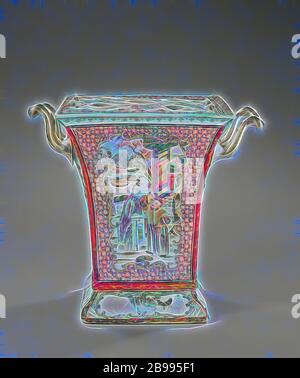 Square bough pot with figures on a terrace, birds and flower sprays, Square flower pot or vase of porcelain on a spreading base and wall that runs upwards, painted on the glaze in blue, red, pink, green, yellow, purple, black and gold. The walls covered with napkin work with eroded capricious cartouches with people on a terrace in front of a pavilion or three birds on a branch, tendrils on the foot containing a punctured cartouche with birds and plants, matching loose plate on top with five holes for loose flowers, decorated with flower sprays. Contemporary, silver ears. Plate has been broken: Stock Photo