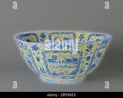 Bowl Bowl with floral scrolls and figures in landscapes in a panel decoration, Porcelain bowl with a brace-shaped rim, painted in underglaze blue. The outer wall is divided into wide and narrow compartments. In the broad subjects Chinese people in landscapes with houses and trees that look European. Around the compartments a band with curl and on the upper side a floral border. The narrow boxes with a stylized flower, above the foot a band with floral scrolls. At the bottom a landscape with European houses, trees and two people in a boat on a river. The inner wall with a similar decoration as Stock Photo