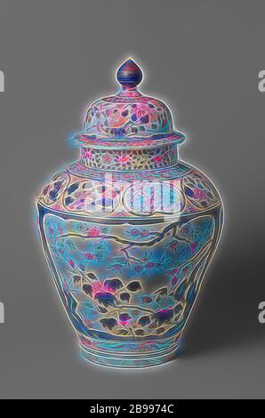 Covered jar with flowering plants in panels, flower sprays and scrolls, Baluster-shaped porcelain covered pot, painted in underglaze blue and on the enamel red, green and gold. On the belly four large, scalloped cartouches with flowering plants (prunus, peony, grasses) near rocks. On the shoulder a band with lobed cartouches with flower sprays (chrysanthemum, prunus, peony), half flower rosettes with three leaves between the cartouches. A band with floral scrolls around the neck and foot. Flower vines on the neck. The foot with a band curl. The cover flowering plants on rocks (hydrangea, chrys Stock Photo