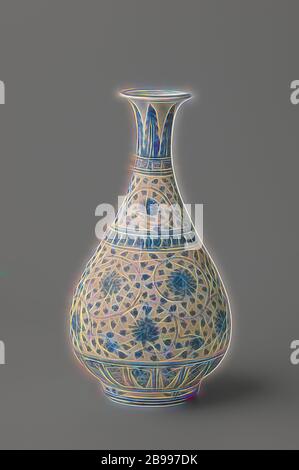 Pear Shaped Bottle Vase With Continuous Lotus Scrolls And Ornamental Borders Porcelain Bottle Shaped Vase With Pear Shaped Body And Trumpet Shaped Neck Painted In Underglaze Blue On The Body Two Wide Bands With Lotus Vines