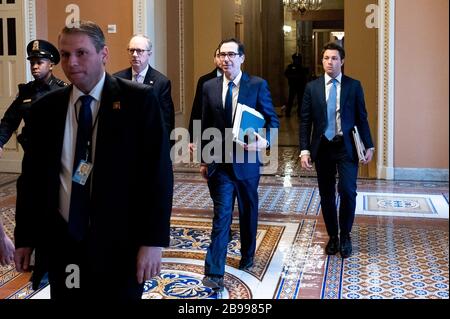 Secretary of the Treasury Steven Mnuchin walks towards the Senate Chamber. Stock Photo