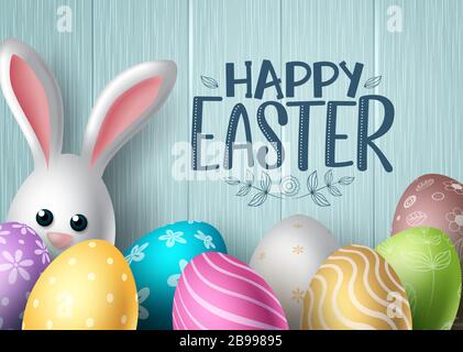 Happy easter vector background design. Happy easter text with colorful egg patterns and cute bunny rabbit in wood textured background for easter Stock Vector