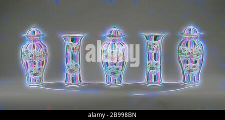 Garniture with figures, flower sprays and auspicious symbols in shaped panels on a multi-colored ground, Five-piece porcelain set with three baluster vases with lid and two cup vases with ribbed wall, painted on the glaze in blue, red, pink, green, yellow, purple, black and gold. Cartouches on the wall against a multicolored background of vertical bands (harlequin pattern), two cartouches in the form of open rolls with a lady (long list) with boy (crazy) in a fenced garden with flowering plants, including two leaf-shaped cartouches with peony branch and butterfly, a smaller pomegranate and fin Stock Photo