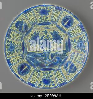 Dish with a 'cracking' decoration, Porcelain dish, painted in underglaze blue. On the shelf a flower vase in a star-shaped cartouche, around the cartouche four half, stylized lotuses. The wall is divided into compartments containing flower sprays and lucky symbols. Between the boxes a smaller box with a diamond and ribbons. The outer wall with a continuous flower tendril. Proen on the underside. Japanese imitation of the Chinese kraak porcelain. Arita, blue and white., anonymous, Japan, c. 1650 - c. 1674, Edo-period (1600-1868), porcelain (material), glaze, cobalt (mineral), vitrification, h 8 Stock Photo