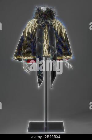 Cape with small dots and rosettes Shoulder cloak or sortie of velvet embroidered with dots and two rows of rosettes, Cape, sortie, of black velvet, with embroidered white dots and two rows of rosettes. A collar is embroidered under the raised collar in a tambouring work with ecru colored yarn. On the border, ostriches are sewn, while from behind a bow, two bows with long slips of black satin ribbon are applied from the front. The lining is made of red satin damask., anonymous, Netherlands, c. 1900, silk, velvet (fabric weave), satin, l 58 cm × c 352 cm, Reimagined by Gibon, design of warm chee Stock Photo