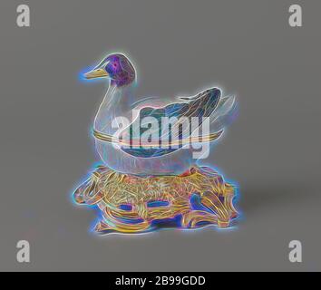Box with lid in the shape of a duck on a pedestal, Box of painted porcelain. The box has the shape of a duck. The duck sits on a gilt bronze rococo pedestal. The duck is partly painted in blue, green, brown-gray and black, the head in blue, purple and gray with a yellow beak. The box is unnoticed., Meissener Porzellan Manufaktur, Meissen, c. 1740 - c. 1748 and/or c. 1750, porcelain (material), bronze (metal), gilding, h 5.5 cm w 16.7 cm × d 19 cm h 5.2 cm w 9.5 cm × d 14.5 cm h 9 cm w 9 cm × d 17.5 cm h 18.5 cm, Reimagined by Gibon, design of warm cheerful glowing of brightness and light rays Stock Photo
