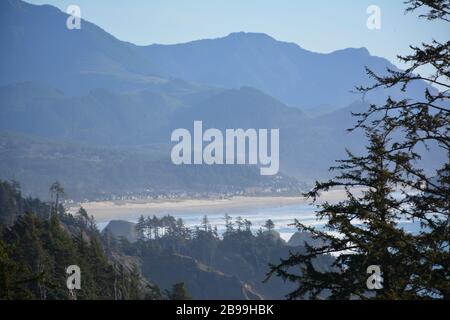 Cannon Beach seen from Tillamook Head, Cannon Beach Trail / Clatsop Loop trail / Lighthouse trail, Ecola State Park, Clatsop County, Oregon coast, USA Stock Photo