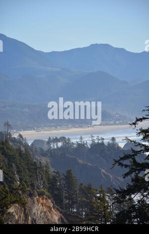 Cannon Beach seen from Tillamook Head, Cannon Beach Trail / Clatsop Loop trail / Lighthouse trail, Ecola State Park, Clatsop County, Oregon coast, USA Stock Photo