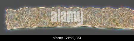 Strip of bobbin lace with decorative bands and hanging carnation, Strip of natural-colored bobbin lace, Binche lace. The repeating pattern consists of decorative bands that create two different lobed fields. In one field there is a loose, curved branch, with a large hanging carnation, two upward-facing rosette flowers and a bunch of five berries. In the other field, from a halved fan-shaped flower, a calyx flower hangs down the top of a curved stalk. The motifs are connected by a lattice ground, a five-hole ground. The motifs are made in linen with cutouts and openwork edges. Two different dec Stock Photo