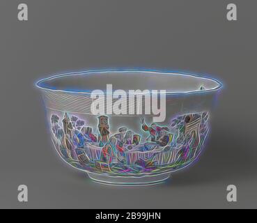 Bowl, with a depiction or 'A Midnight Modern Conversation' by William Hogarth (1697-1764) Bowl, multi-colored painted with a performance after 'A Midnight Modern Conversation' by William Hogarth, hemispherical bowl on a stand ring, from painted porcelain. The border is decorated with the Ozier pattern. The inside of the bowl is painted with 'deutsche Blumen', the outside with two representations: one after a print by William Hogarth (A midnight Modern Conversation) and one with a landscape in which a woman serves coffee or tea to a smoking man at a table and a servant who has fallen to the gro Stock Photo
