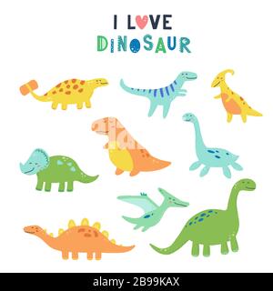 Cute dinosaur set for kids, baby clipart design. Colorful dino of hand drawn style. Vector illustration of dinosaurs isolated on background. Stock Vector
