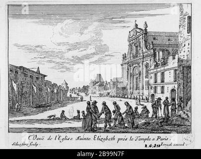 VIEW OF THE CHURCH SAINTE-ELISABETH NEAR TEMPLE IN PARIS Israël Silvestre (1621-1691) et Israël Henriet (1590-1661). 'Vue de l'église Sainte-Elisabeth près du Temple à Paris.'. Eau-forte, 1660. Paris, musée Carnavalet. Stock Photo