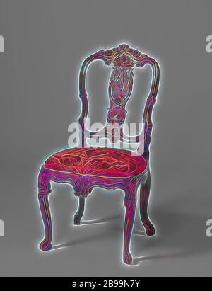 Chair, Chair made of carved walnut, the loose seat is covered with red velvet. The angled, profiled and stretched S-shaped front legs bear acanthus leaves at the bottom and rocaille and flower arrangements at the top, rear legs placed backwards. The back pillars, like the curved seat lines, show a hollow profile with C and S-shaped edge profiles, alternated with floral arrangements. The upper threshold carries a carved flower border, the scalloped middle leaf and the struts are decorated with a lot of floral work, flowers, ornament, anonymous, Amsterdam (possibly), c. 1750 - c. 1760, wood (pla Stock Photo