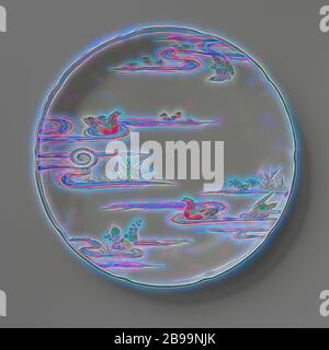 Saucer-dish with flower sprays in relief and two mandarin ducks in a pound, Porcelain dish with a scalloped edge, painted on the glaze in blue, red, green, yellow, eggplant, black and gold. On the front on the wall, flower branches in relief, two tangerine ducks in enamel colors in a pond with plants and a flying bird. The outside with flowering water plants. Five proen on the bottom. Kakiemon style., anonymous, Japan, c. 1675 - c. 1724, Edo-period (1600-1868), porcelain (material), glaze, gold (metal), vitrification, h 3.1 cm d 21.7 cm d 13.8 cm, Reimagined by Gibon, design of warm cheerful g Stock Photo
